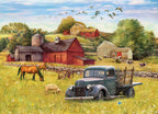 Blue Truck Farm 35-piece tray puzzle artwork featuring a vintage blue farm truck, red barns, horses, cows, sheep, pigs, and a sunny field