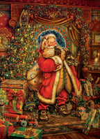 Christmas Presence puzzle artwork showing Santa in a red suit beside a decorated tree, gifts, toys, and a warm Christmas room