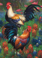 Roosters puzzle artwork showing a white and black rooster and a brown rooster surrounded by jewel-toned flowers