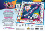 Back of 80s-Opoly board game box showing the game board, cards, tokens, and 1980s gameplay