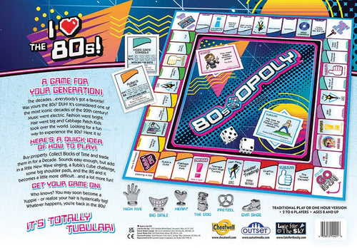 Back of 80s-Opoly board game box showing the game board, cards, tokens, and 1980s gameplay