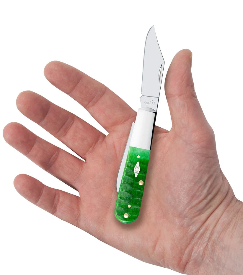 Case Gator Jigged Bright Green Bone Barlow knife shown open in hand