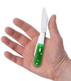 Case Gator Jigged Bright Green Bone Barlow knife shown open in hand