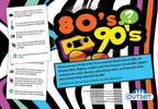 80s and 90s Trivia Game sample question cards beside the game box