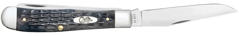 Side view of Case Pocket Worn Crandall Jig Gray Bone Trapper with Clip blade open