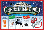 Christmas-Opoly board game board featuring Santa, reindeer, hot chocolate, Christmas trees, and holiday spaces
