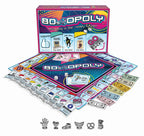 80s-Opoly board game setup with board, cards, play money, dice, and six themed tokens