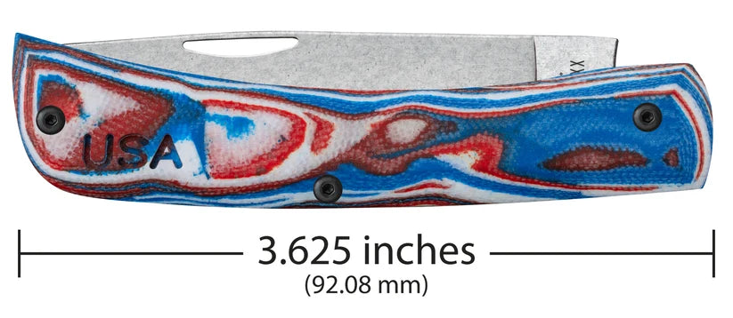 Case XR Sod Buster Jr. Red White Blue G-10 knife showing 3.625-inch closed length