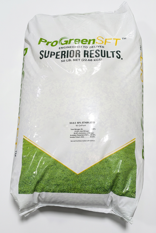 ProGreen SFT 33-0-3 stabilized fertilizer in a 50 lb white bag with green and yellow graphics.