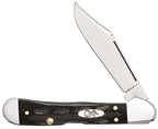 Case Jigged Buffalo Horn Mini CopperLock knife with clip blade partially open and oval Case shield