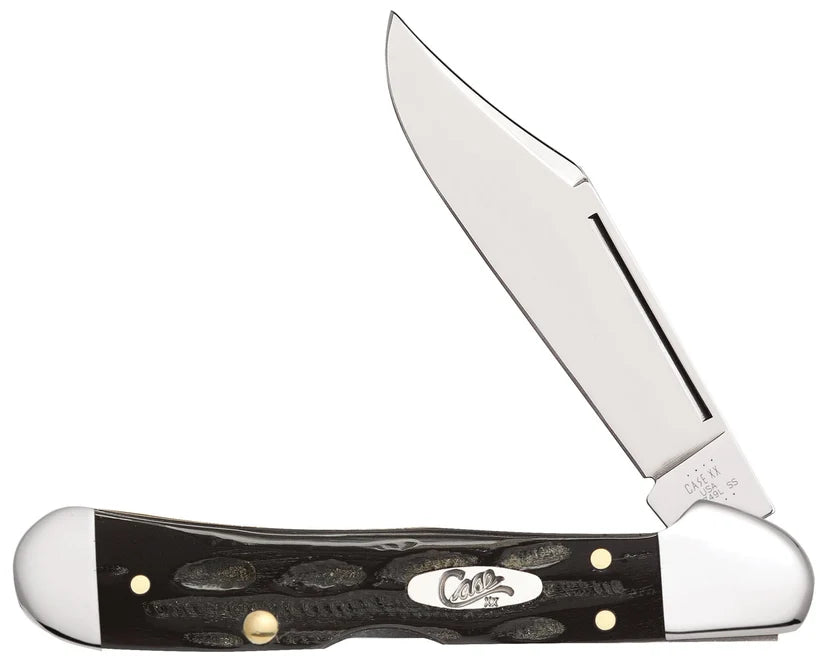 Case Jigged Buffalo Horn Mini CopperLock knife with clip blade partially open and oval Case shield