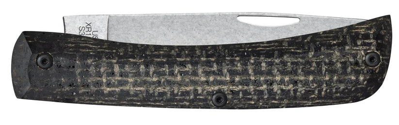 Reverse side of closed Case XR Sod Buster Jr. showing black burlap laminate handle