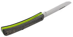Angled view of Case XR Sod Buster Jr. showing bright Dayglow G-10 liner and open blade
