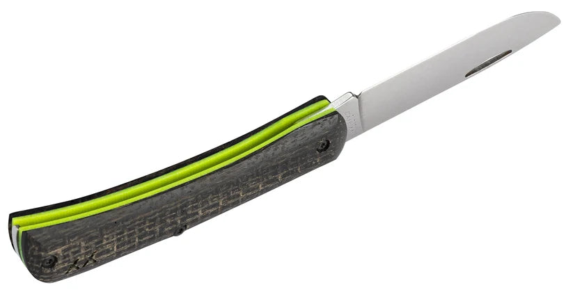 Angled view of Case XR Sod Buster Jr. showing bright Dayglow G-10 liner and open blade