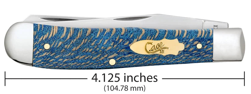 Closed Case Smooth Blue Sycamore Wood Trapper pocket knife showing a length of 4.125 inches (104.78 mm)