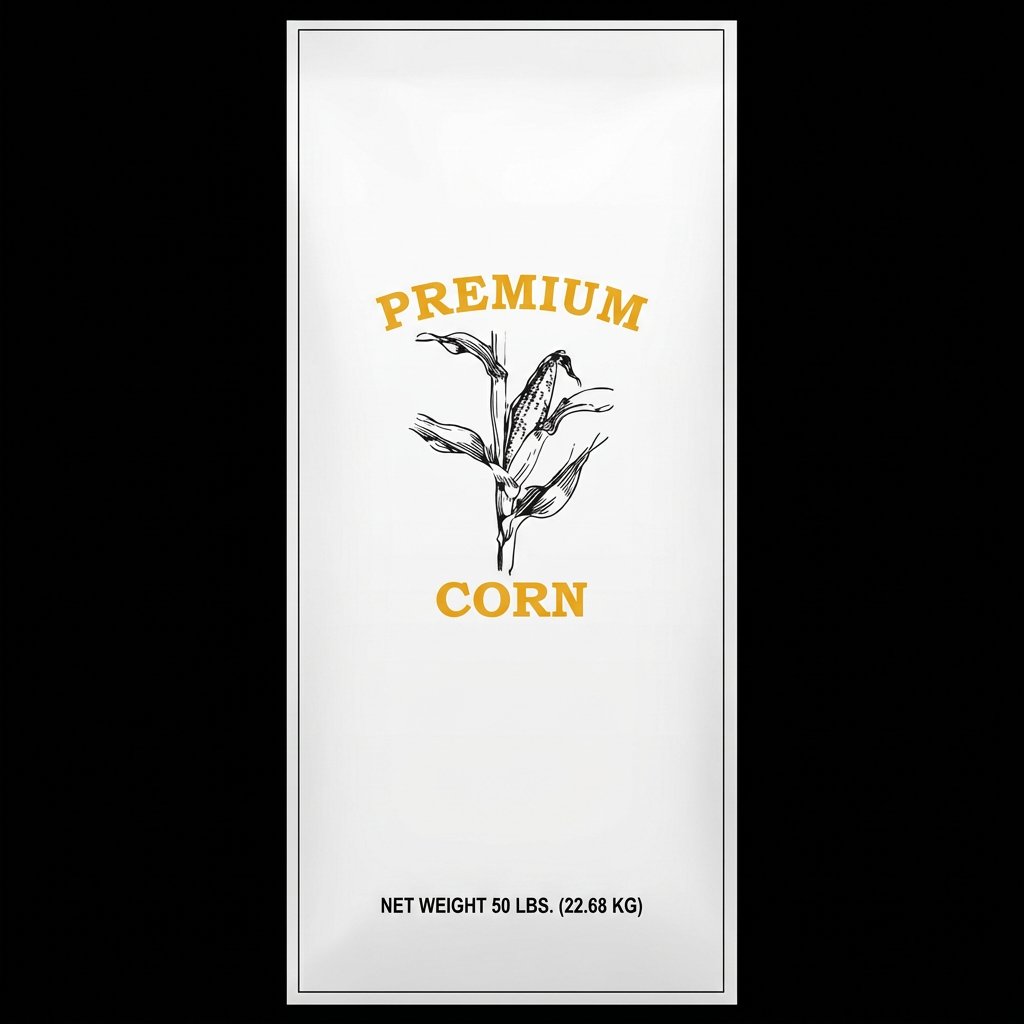 White 50 lb premium corn bag with gold lettering and a black corn illustration.