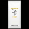 White 50 lb premium corn bag with gold lettering and a black corn illustration.