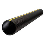 Black corrugated drainage pipe with a yellow stripe.