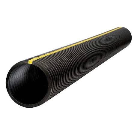 Black corrugated drainage pipe with a yellow stripe.