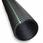 Close-up of black corrugated solid drainage pipe showing the open end.