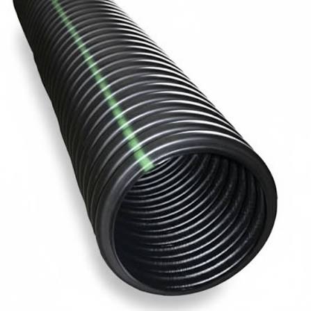 Close-up of black corrugated solid drainage pipe showing the open end.
