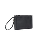 Black pebbled leather clutch with secure top zipper
