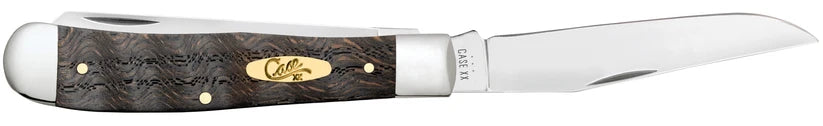 Case Smooth Black Curly Oak Wood Trapper knife with Clip blade open