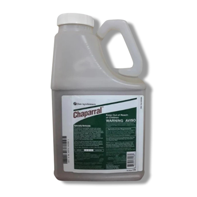 Chaparral herbicide container with green-and-white label.