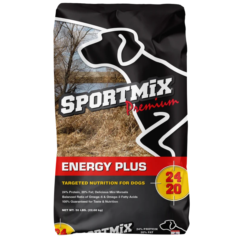 Sportmix Premium Energy Plus dog food, 50-pound black bag showing the front panel with 24% protein and 20% fat