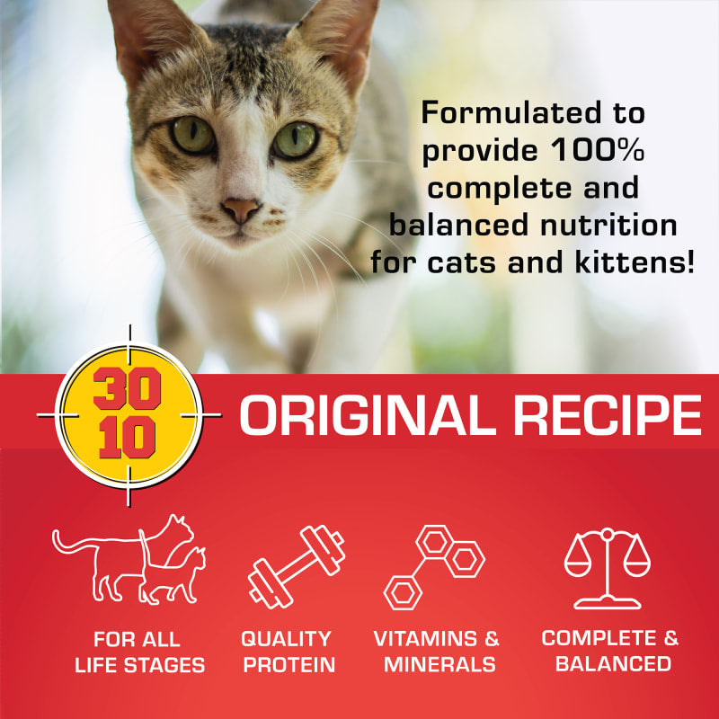 Tabby cat beside Sportmix Original Recipe graphic highlighting complete and balanced nutrition for cats and kittens