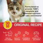 Tabby cat beside Sportmix Original Recipe graphic highlighting complete and balanced nutrition for cats and kittens
