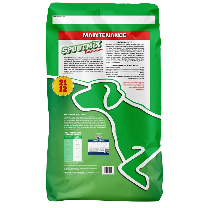 Back of the Sportmix Maintenance Adult Mini Chunk 21/12 bag showing the ingredient list, guaranteed analysis, and feeding guidelines.