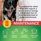 Graphic of a running black and white dog describing Sportmix Maintenance as formulated for adult dogs needing a lower level of energy and protein, with icons for adult dogs, quality protein, vitamins and minerals, and skin and coat health.