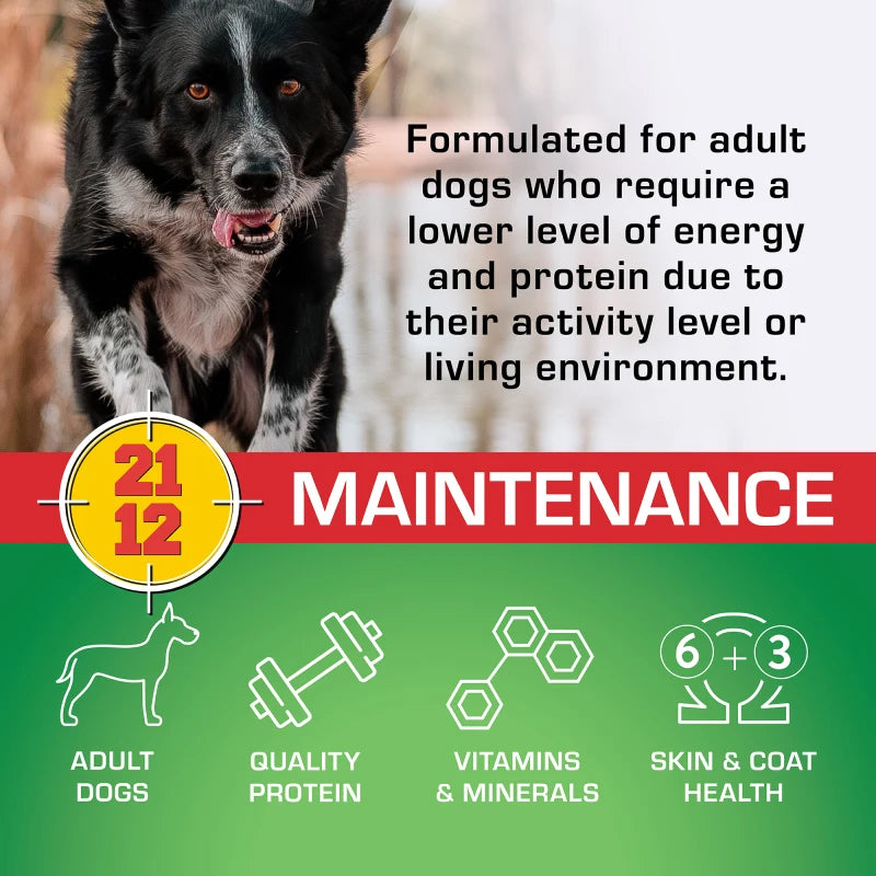 Graphic of a running black and white dog describing Sportmix Maintenance as formulated for adult dogs needing a lower level of energy and protein, with icons for adult dogs, quality protein, vitamins and minerals, and skin and coat health.