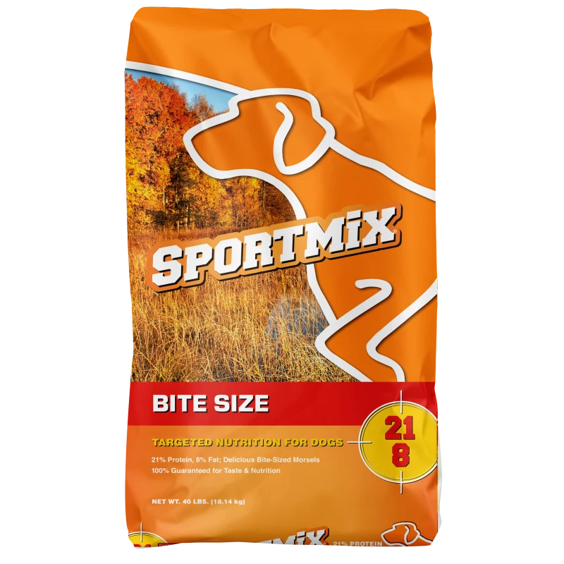 Sportmix Bite Size 21/8 dry dog food, orange 40 lb bag, front view