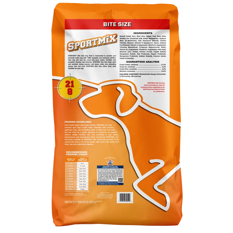 Back of Sportmix Bite Size dog food bag with ingredients, guaranteed analysis, and feeding chart
