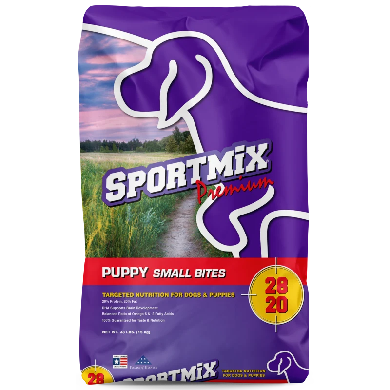Sportmix Puppy Small Bites 28/20 dry dog food, purple 33 lb bag, front view