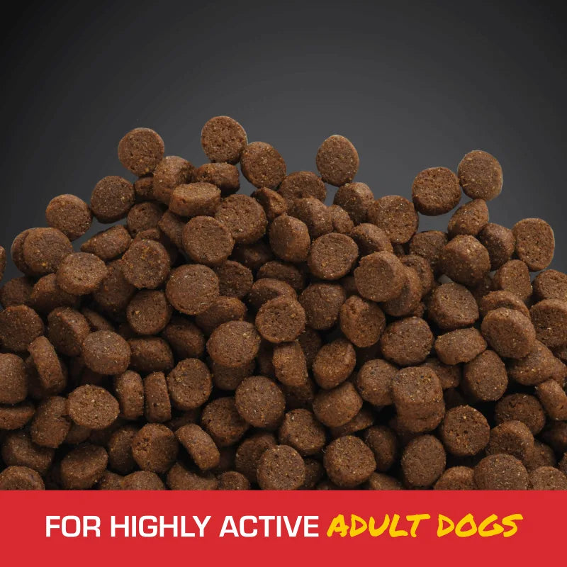 Close-up of Sportmix Energy Plus dog food kibble with a banner reading for highly active adult dogs