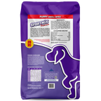 Back of bag: Back of Sportmix Puppy Small Bites bag showing ingredients, guaranteed analysis, and feeding chart