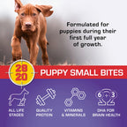 Puppy feature graphic: Brown puppy running beside Sportmix Puppy Small Bites graphic highlighting protein, vitamins, minerals, and DHA