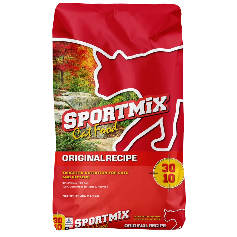 Sportmix Original Recipe 30/10 dry cat food, red 31 lb bag, front view