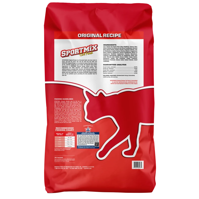 Back of Sportmix Original Recipe cat food bag showing ingredients, guaranteed analysis, and feeding chart