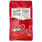 Back of Sportmix Original Recipe cat food bag showing ingredients, guaranteed analysis, and feeding chart