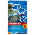Front of a blue 50 lb bag of Sportmix Premium High Energy 26/18 dog food, showing the Sportmix dog logo, a lake scene, and the red 26/18 protein and fat badge