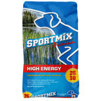 Front of a blue 50 lb bag of Sportmix Premium High Energy 26/18 dog food, showing the Sportmix dog logo, a lake scene, and the red 26/18 protein and fat badge