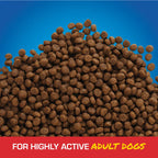 Close-up of brown Sportmix High Energy kibble against a blue background with the words For Highly Active Adult Dogs.