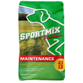 Front of a green 50 lb bag of Sportmix Premium Maintenance Adult Mini Chunk 21/12 dog food, showing the Sportmix dog logo, a grassland scene, and the red 21/12 protein and fat badge.