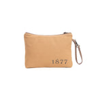 Myra Paloma Do Well beige canvas wristlet pouch with 1877 branding
