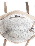 Myra Cimple tote bag showing spacious upcycled canvas construction with leather accents