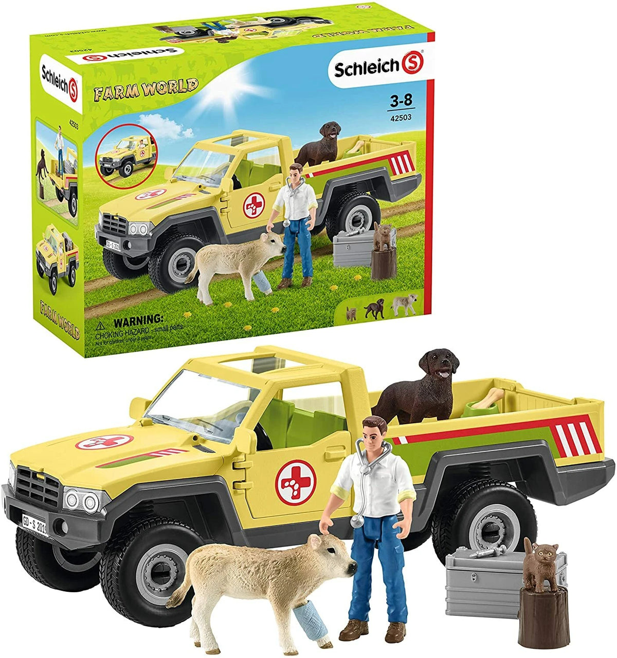 Schleich Farm Veterinarian Playset with packaging, yellow pickup, vet, bandaged calf, Labrador, kitten, and accessories.